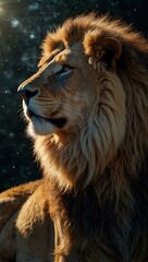 Majestic translucent male lion god&rsquo;s upper body glowing with cosmic light.