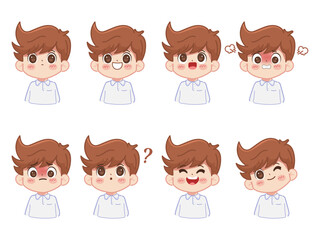 Cute cartoon boy in different facial expressions set isolated vector illustration.