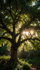 Majestic tree with sunlight filtering through foliage.