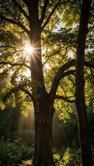 Fototapeta premium Majestic tree with sunlight filtering through foliage.