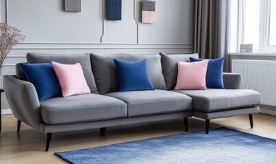 Fototapeta premium Gray sofa with blue and pink pillows adorns a minimalist living room