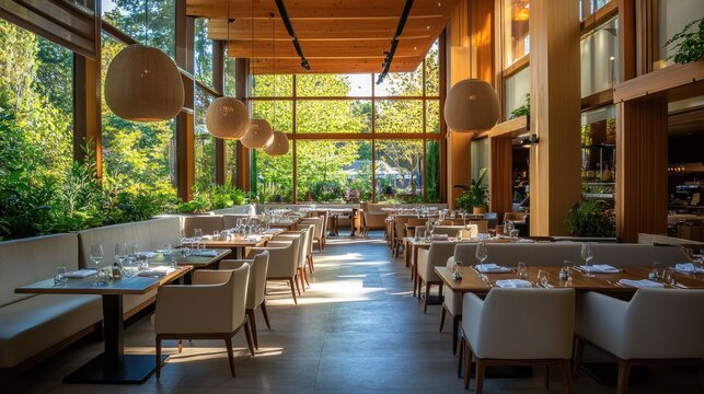 Sunlit restaurant interior with modern design, wooden accents, and lush greenery views.
