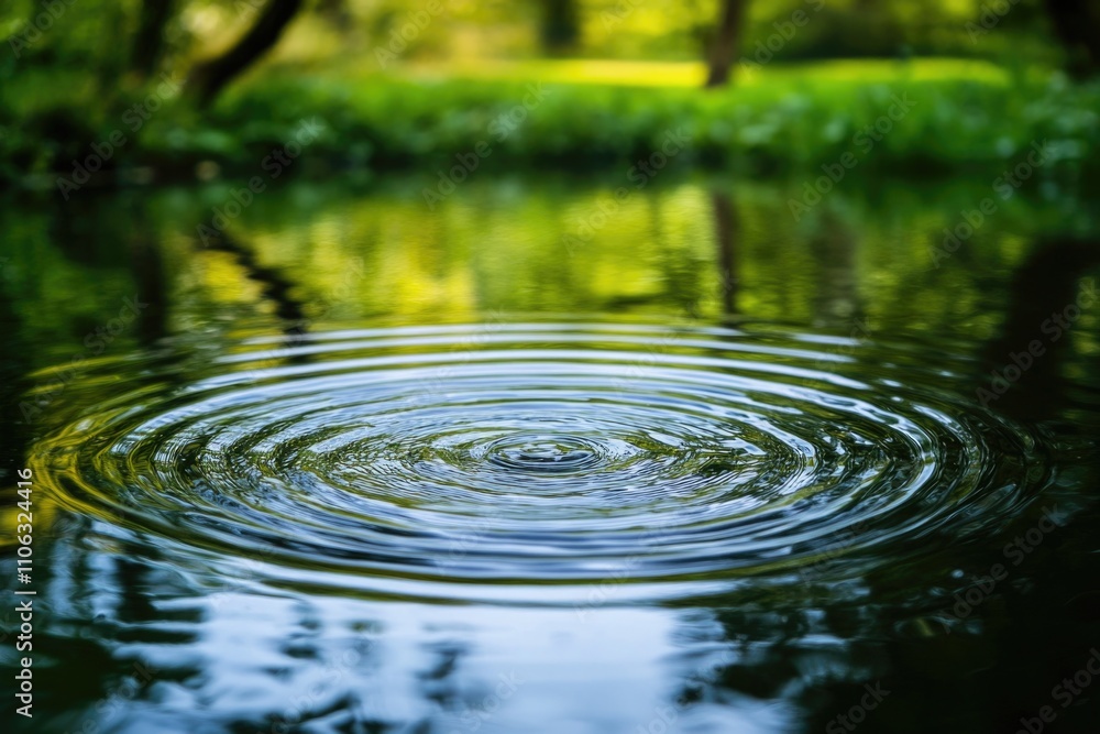 Poster a calm water surface with a ripple and trees in the background, suitable for use as a tranquil scene