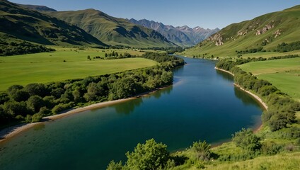 Obraz premium Majestic water surrounded by green hillside.