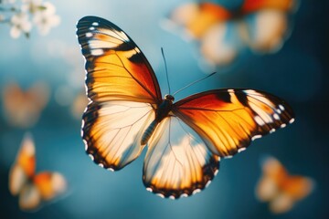 A close-up shot of a butterfly sitting on a flower, its delicate wings spread wide