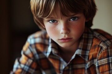Close-up photo of a young boy wearing a plaid shirt, great for editorial or commercial use