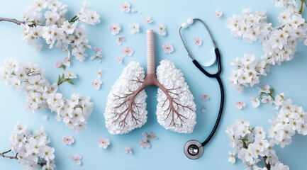 A white and black model of a lung is surrounded by a bunch of white flowers