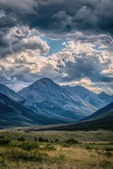 Fototapeta premium A horse grazes in a green field with mountains visible in the distance
