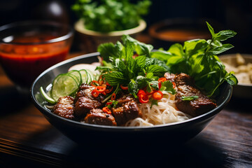 Vietnamese Grilled Pork Vermicelli Bowl (Bún Chả) with Fresh Herbs and Nuoc Cham