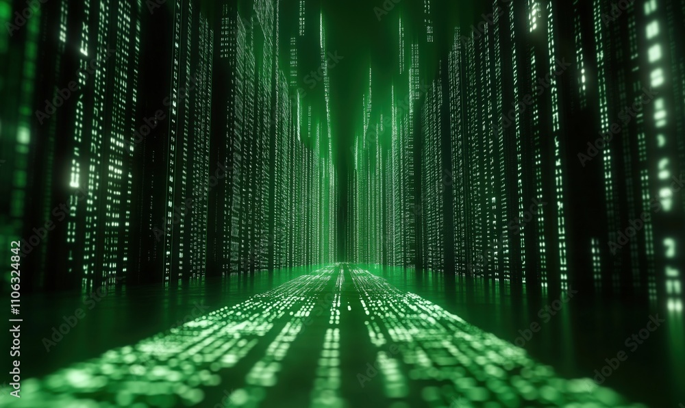 Poster digital matrix environment with green code streams, futuristic perspective, glowing lines, abstract 