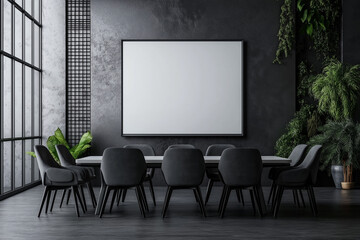 A large white wall with a black framed picture of a plant