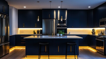 A modern kitchen with deep navy blue cabinets, glowing under-cabinet lighting, and a large island with quartz tops, complemented by stainless steel appliances and brass hardware.