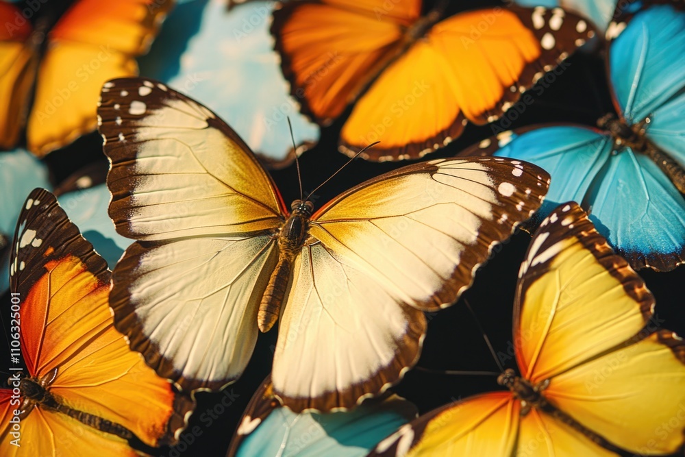 Aufkleber A close-up shot of multiple colorful butterflies on a surface, ideal for use in educational or environmental contexts
