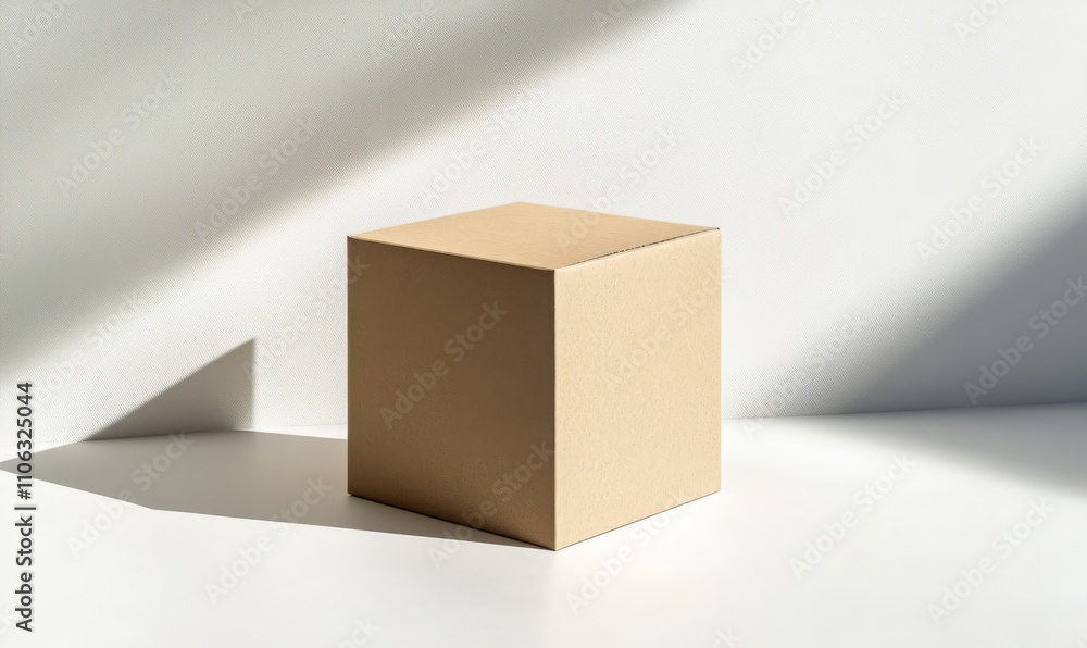 Poster simple cardboard box with clean lines and natural brown texture, placed on a white surface, with sof