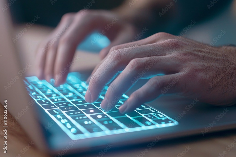 Poster close-up of hands typing on an illuminated keyboard in a dimly lit room