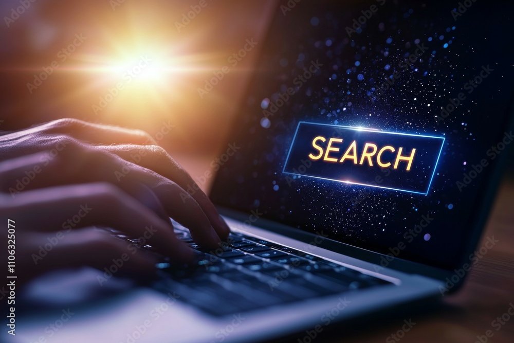 Poster hand typing on laptop keyboard with glowing search icon and digital background