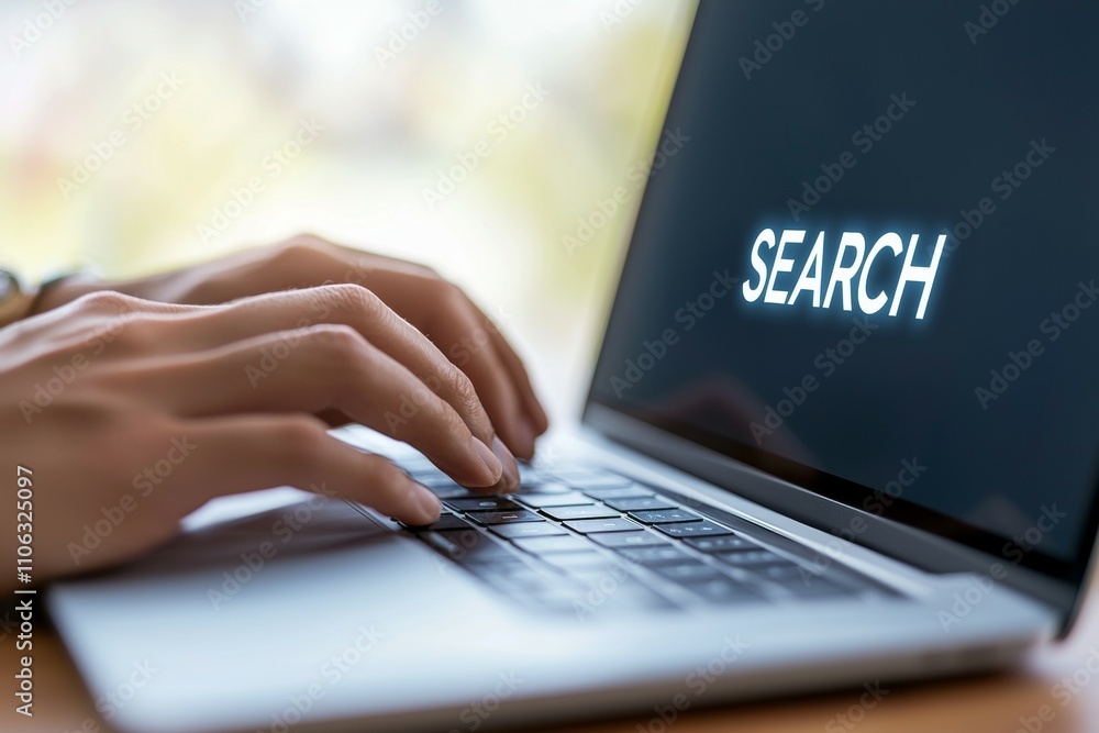 Poster close-up of hands typing on laptop keyboard with search bar visible