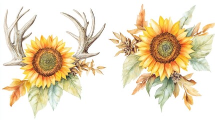 Fototapeta premium A unique still life composition featuring two sunflowers adorned with antlers