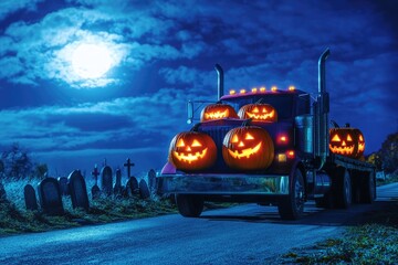 A colorful truck carrying carved pumpkins drives down a winding country road, perfect for fall-themed photos or illustrations