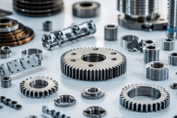 A collection of various metal parts and tools arranged on a wooden workbench