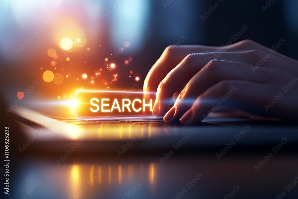 Poster female hands typing on keyboard with glowing search bar and bokeh effect