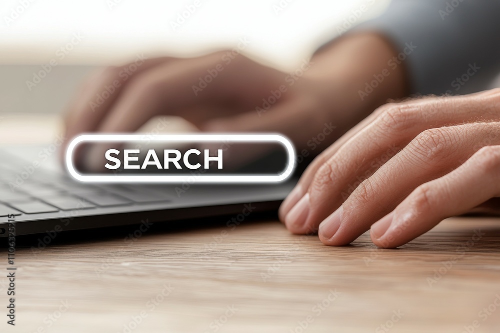 Poster close-up of hands typing with search bar overlay on laptop keyboard