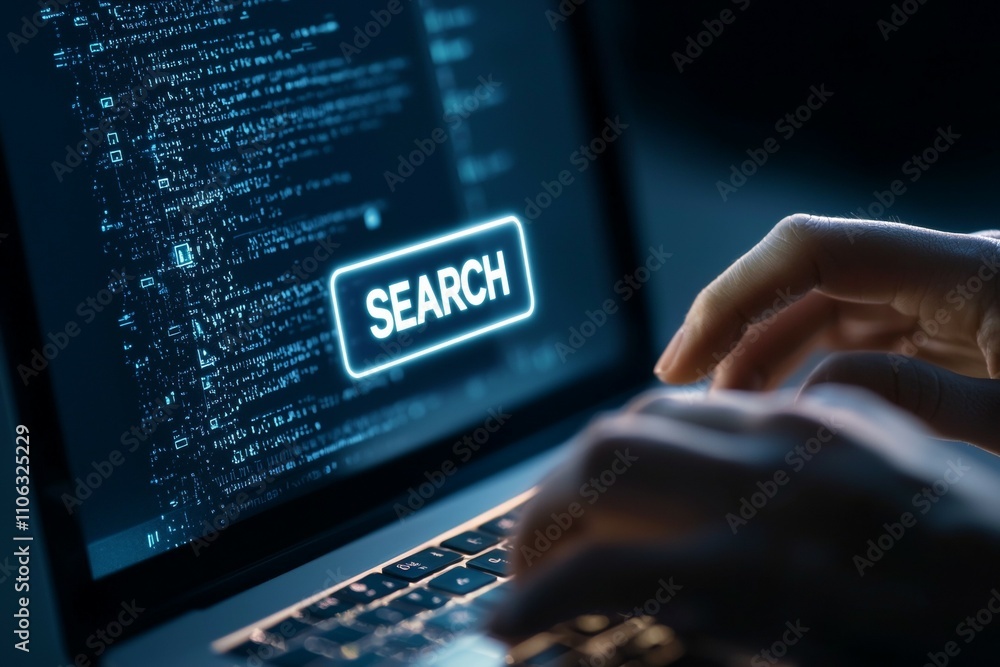 Poster female hands typing code on laptop in dark room with search button highlighted