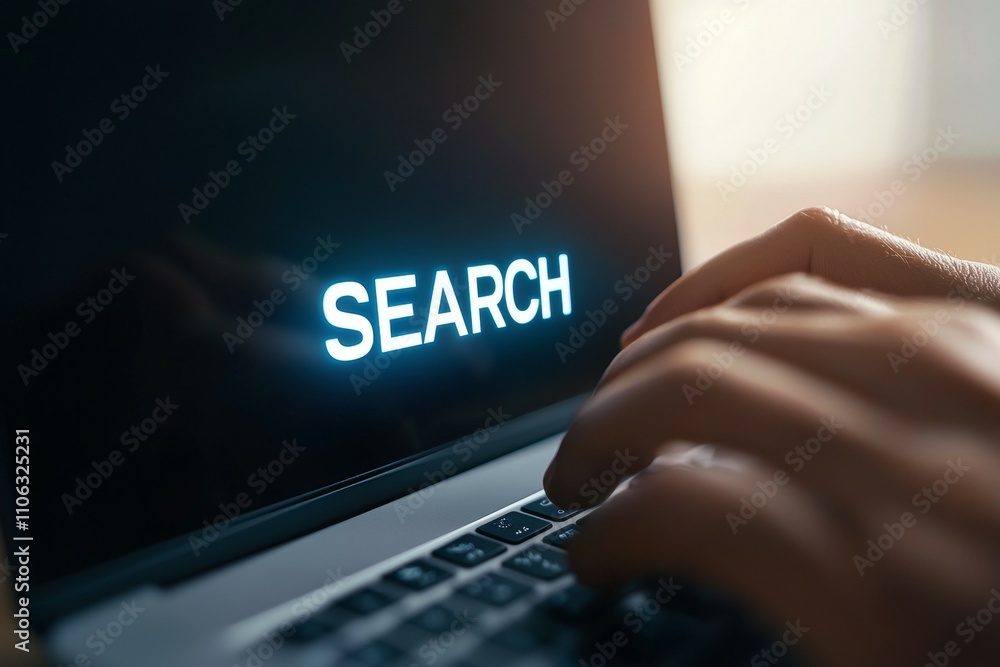 Poster hands typing on laptop keyboard in dark room with illuminated search text