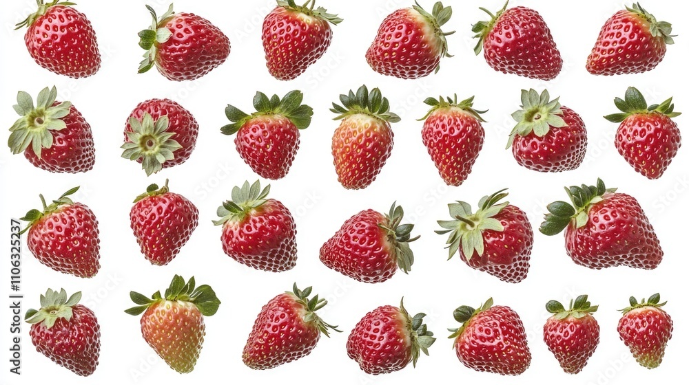 Poster a close-up view of freshly picked strawberries arranged on a white surface