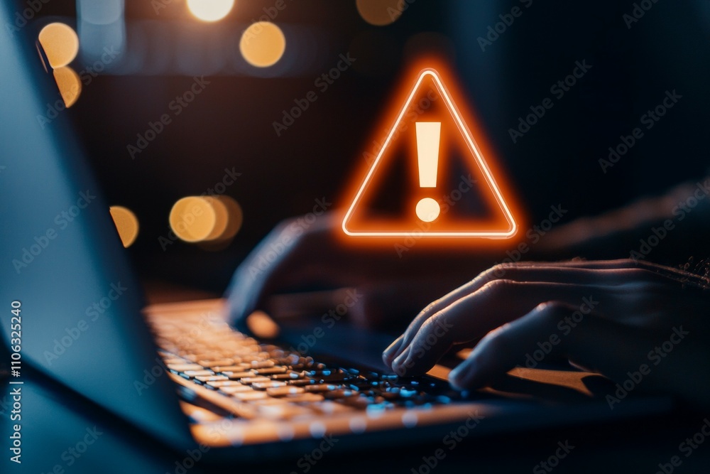 Aufkleber cybersecurity alert: hands typing on keyboard with warning symbol in dimly lit setting