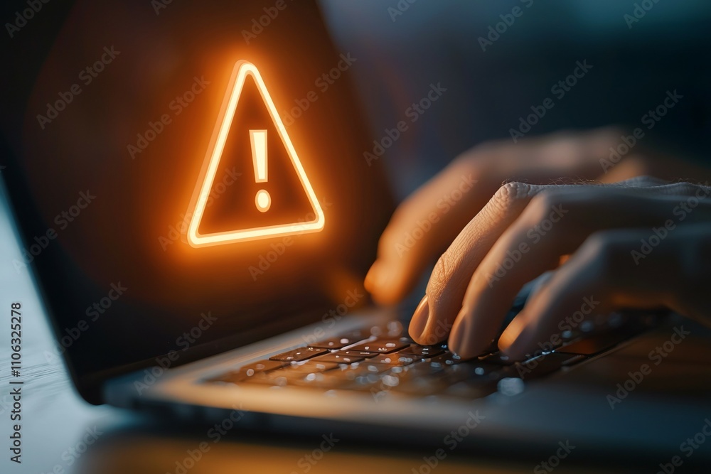 Poster cybersecurity alert concept with hands typing on laptop keyboard