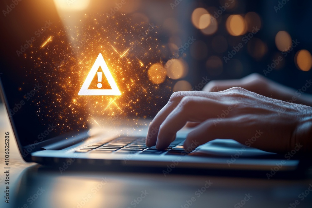 Poster cybersecurity alert: hands typing on laptop with warning symbol in digital environment