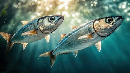 Fototapeta premium Two fish swimming underwater in sunlight.