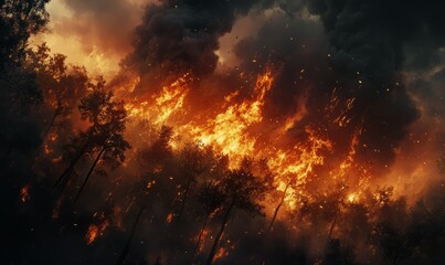 Fototapeta premium Intense flames engulfing a forest with thick black smoke rising