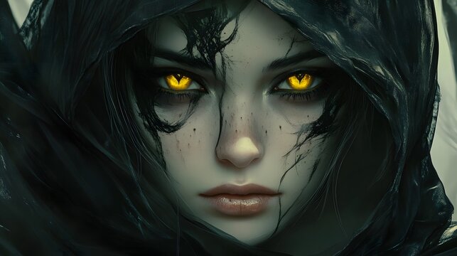 facial portrait of fantasy witch woman in black hood