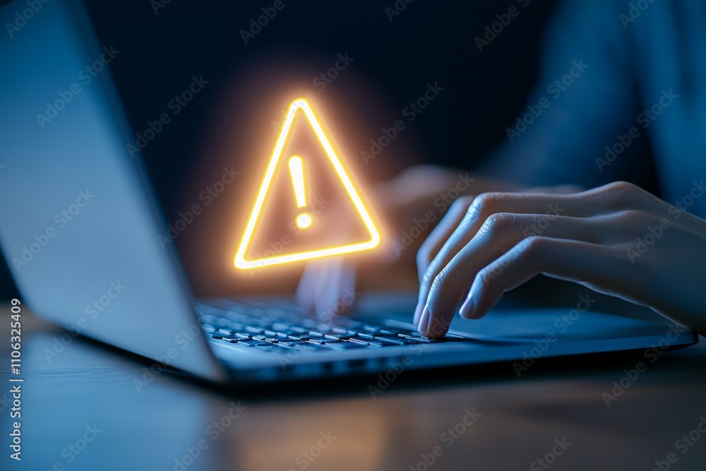 Aufkleber cybersecurity alert: hands typing on laptop with warning symbol displayed