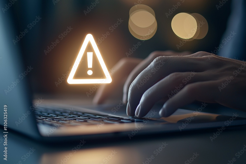 Poster close-up of hands typing on laptop with warning symbol in low light