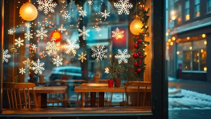 Cozy winter cafe with sparkling snowflakes and warm lights on a festive evening