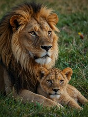 Male lion and cub lying in the grass.