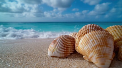 A collection of seashells sit atop a sandy beach, great for backgrounds or decorative use