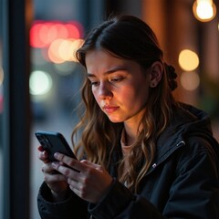 Stunning high resolution photos of a sad teenage girl alone spending her free time with a smartphone who has no real friends
