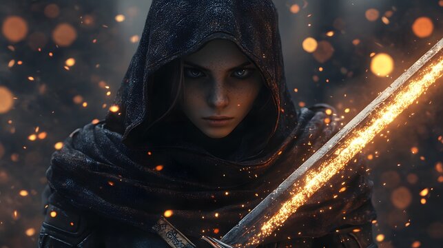 Fantasy female hooded warrior ranger stands ready