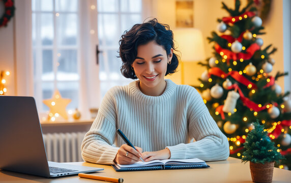 A young woman with long dark hair, dressed in a cozy teal sweater, sits in front of a beautifully decorated Christmas tree.