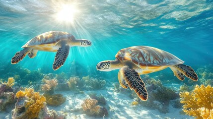 Two sea turtles swim in vibrant coral reef, sunlit water.