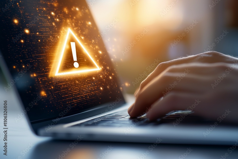 Poster cybersecurity alert: warning symbol on computer screen in digital environment