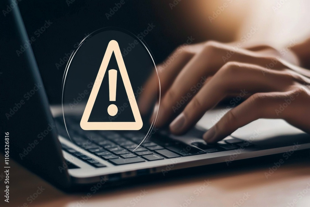 Poster hands typing on laptop keyboard with warning symbol for cybersecurity alert