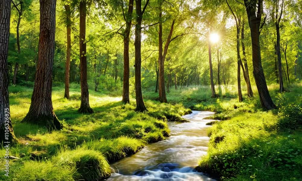 Wall mural a serene forest scene with sunlight filtering through trees, illuminating a gentle stream surrounded