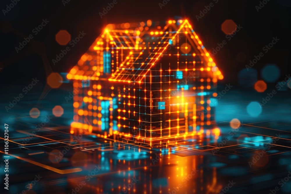 Poster A glowing house icon sitting atop a computer keyboard, perfect for use in tech-related projects or illustrations