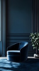 Minimalist plain blue wall with a dark blue velvet chair and rug