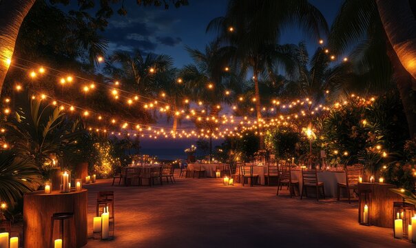 Outdoor evening scene with glowing string lights, candles, and tropical trees, creating a romantic and festive ambiance at a summer event
